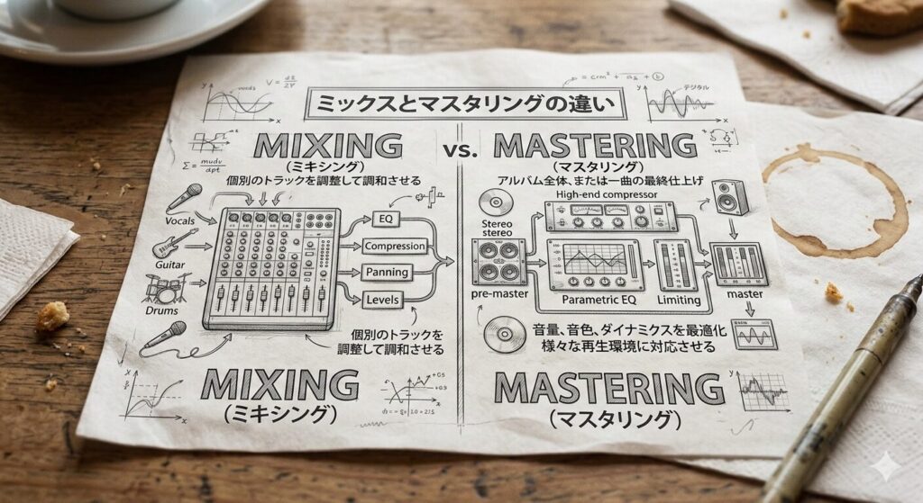 ミキシングとマスタリングの違いを示す図解。ミキシングは各トラックのバランス調整、マスタリングは最終的な音圧・音質の仕上げ工程
