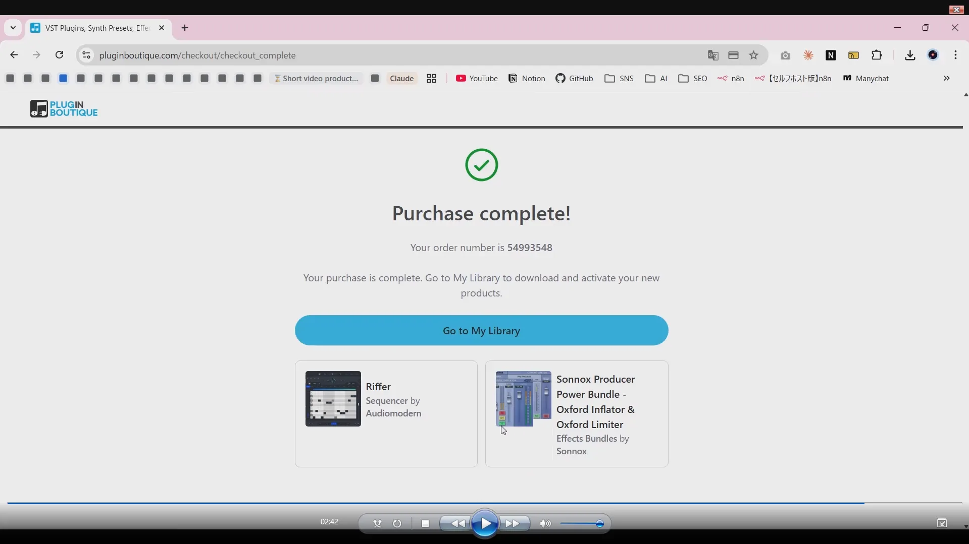 購入完了画面 Purchase complete 注文番号 Go to My Libraryボタン