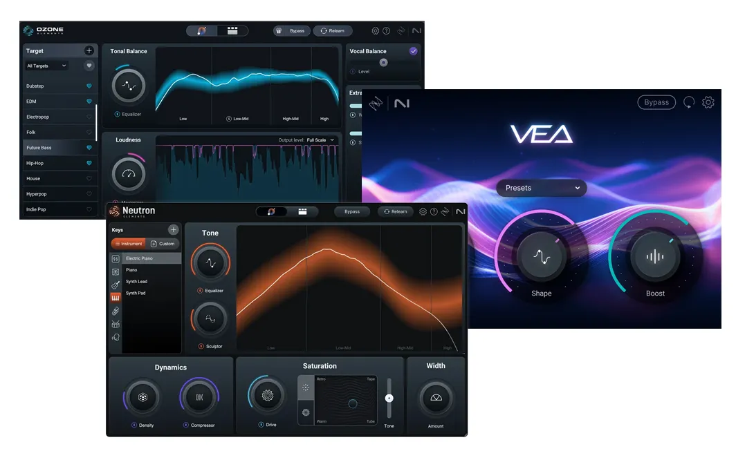 「iZotope はじめてのミキシング&マスタリングセット」に入るOzone 12 Elements・Neutron 4 Elements・VEAの画面(Media Integration公式画像)