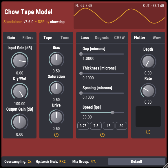 ChowDSP CHOW Tape Model の画面