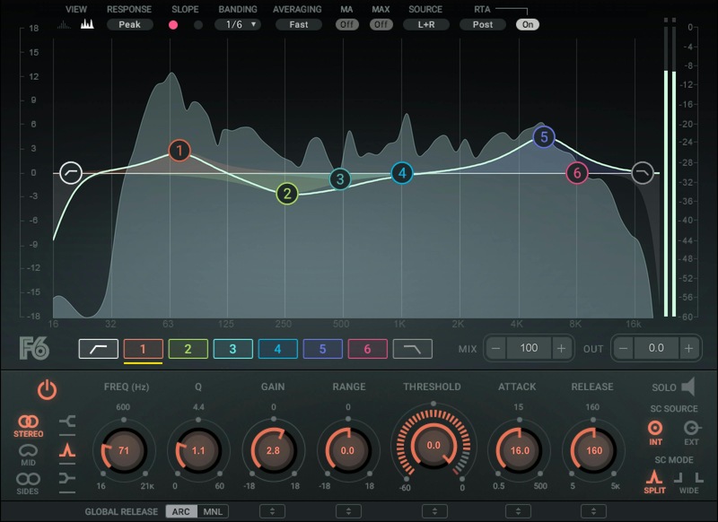 Waves F6 Floating-Band Dynamic EQ の画面