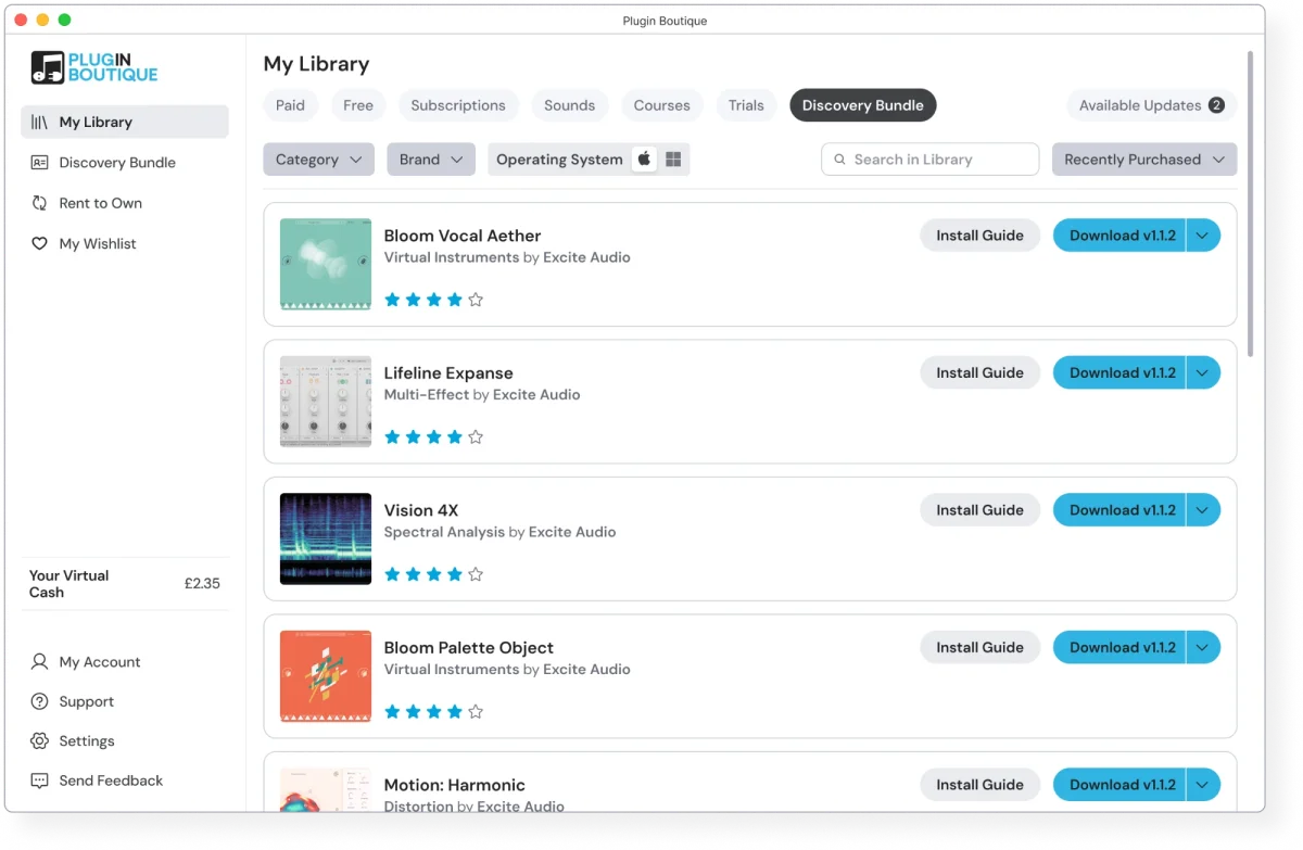 Plugin Boutique AppのMy Libraryに表示されたDiscovery Bundleタブ
