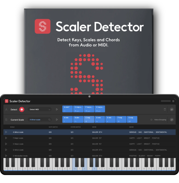 Scaler Detectorの製品画像。検出したコードの一覧と鍵盤が表示された画面