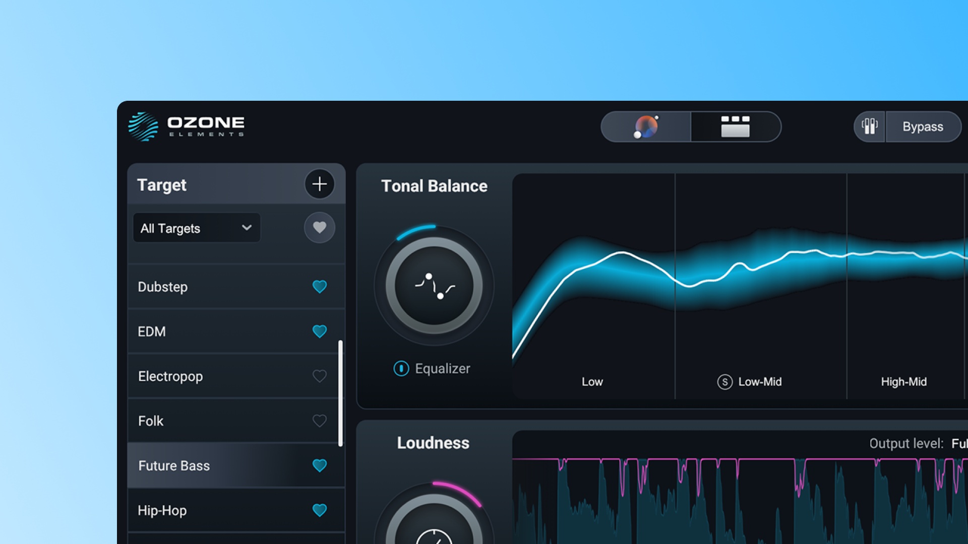 iZotope「Ozone 12 Elements」の画面:Target一覧とTonal Balance・Loudnessの表示(iZotope公式画像)